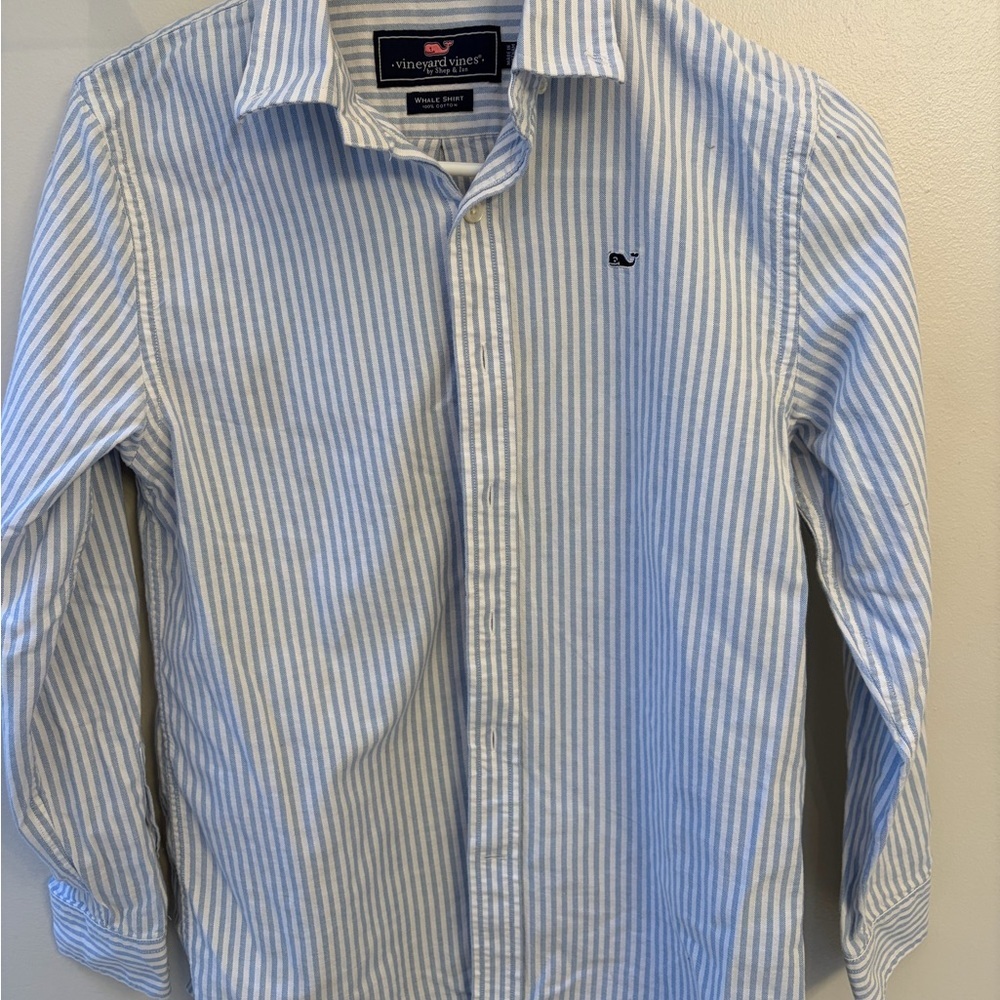 Vineyard Vines boys Blue White Striped whale dress Shirt medium 12/14
